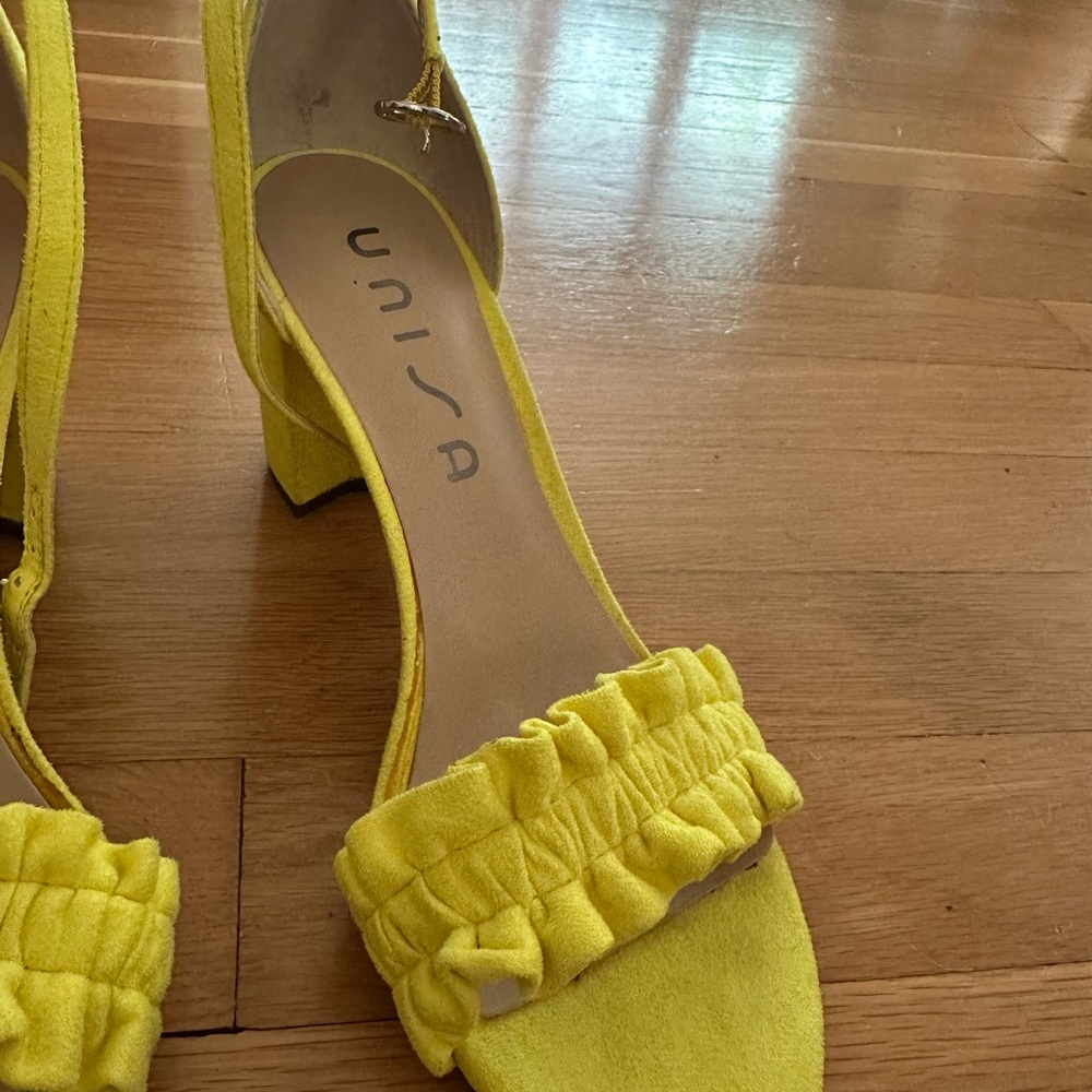 Unisa Yellow Block Heel Sandals with Ruffle Detail